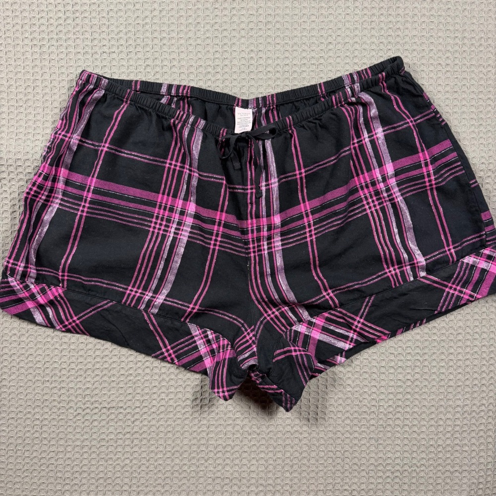 Victoria's Secret Pink Black Plaid Metallic Shimmer Pajama Shorts L Large Sleep